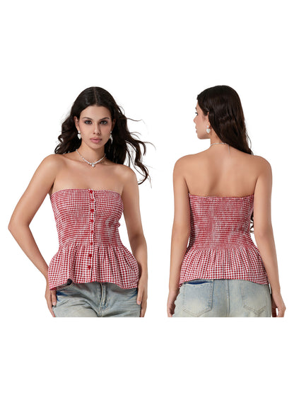 Women Tube Top, Strapless Backless Plaid Button Closure Vest