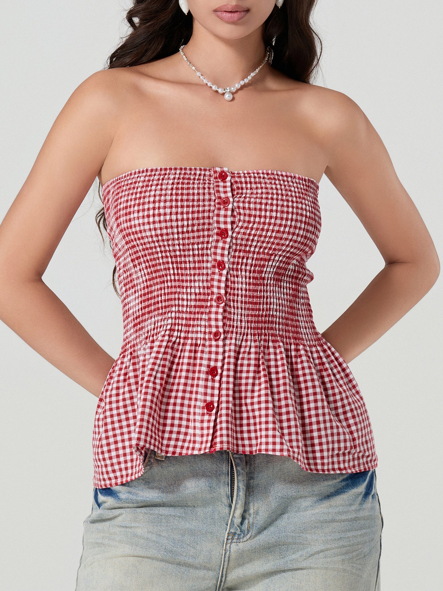 Women Tube Top, Strapless Backless Plaid Button Closure Vest