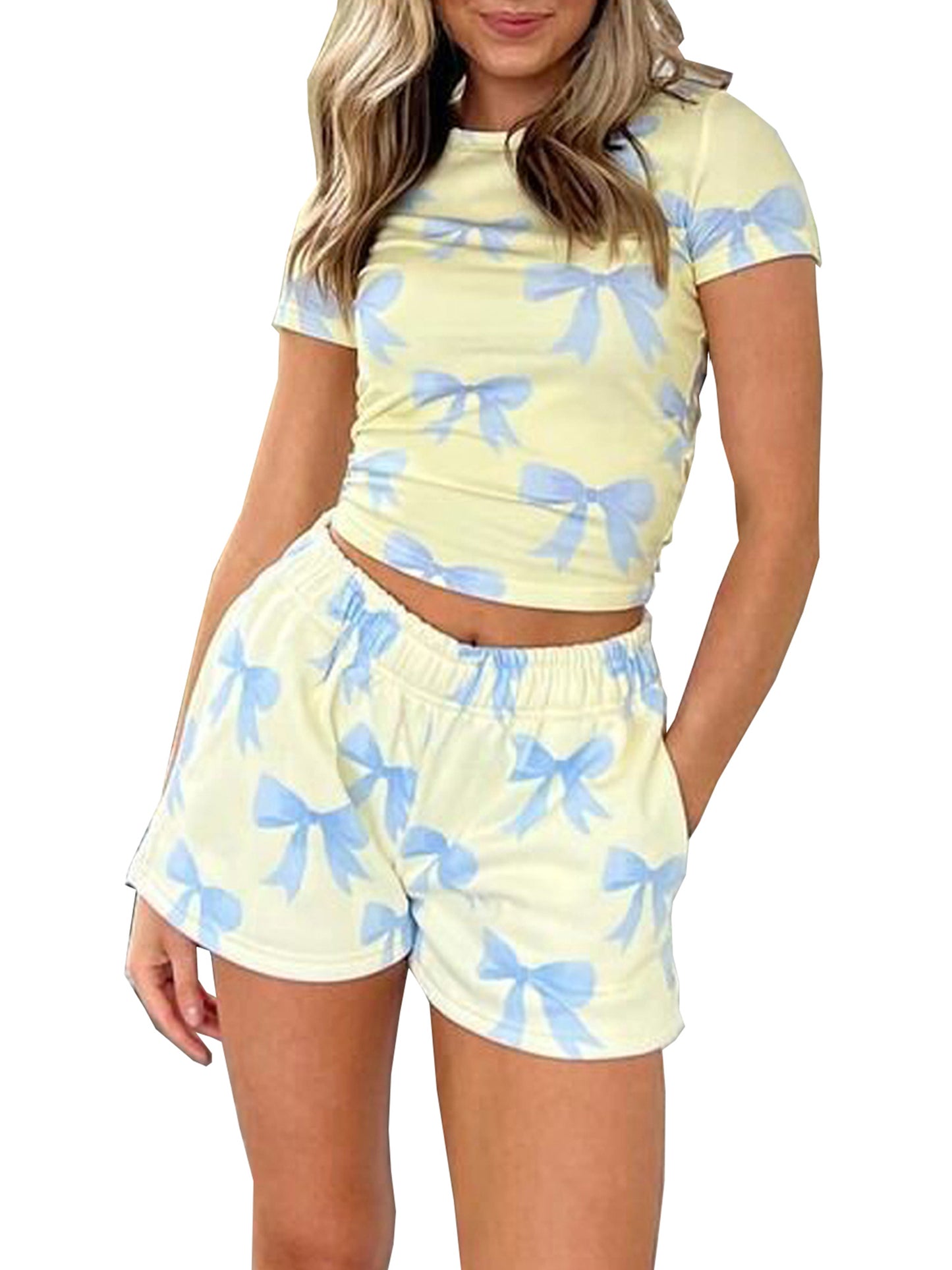 Womens Lounge Outfit, Floral Short Sleeve T-Shirt Shorts with Pockets