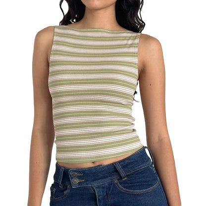 Women Cropped Tank Tops Casual Summer Striped Print Sleeveless Shirt