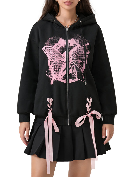 Women's Loose Hoodies Butterfly Print Long Sleeve Teen Fall Jacket