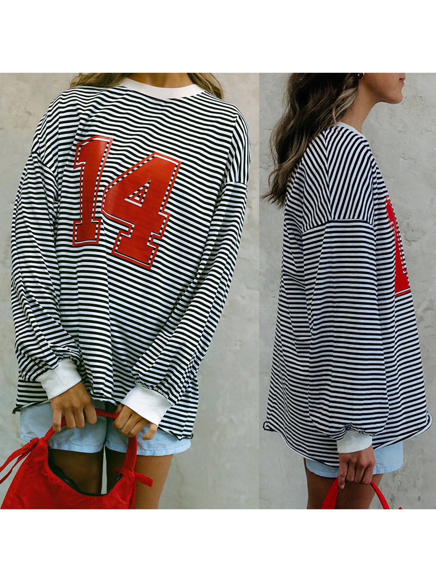 Women's Striped Tops Long Sleeve O Neck Number Print T-shirt