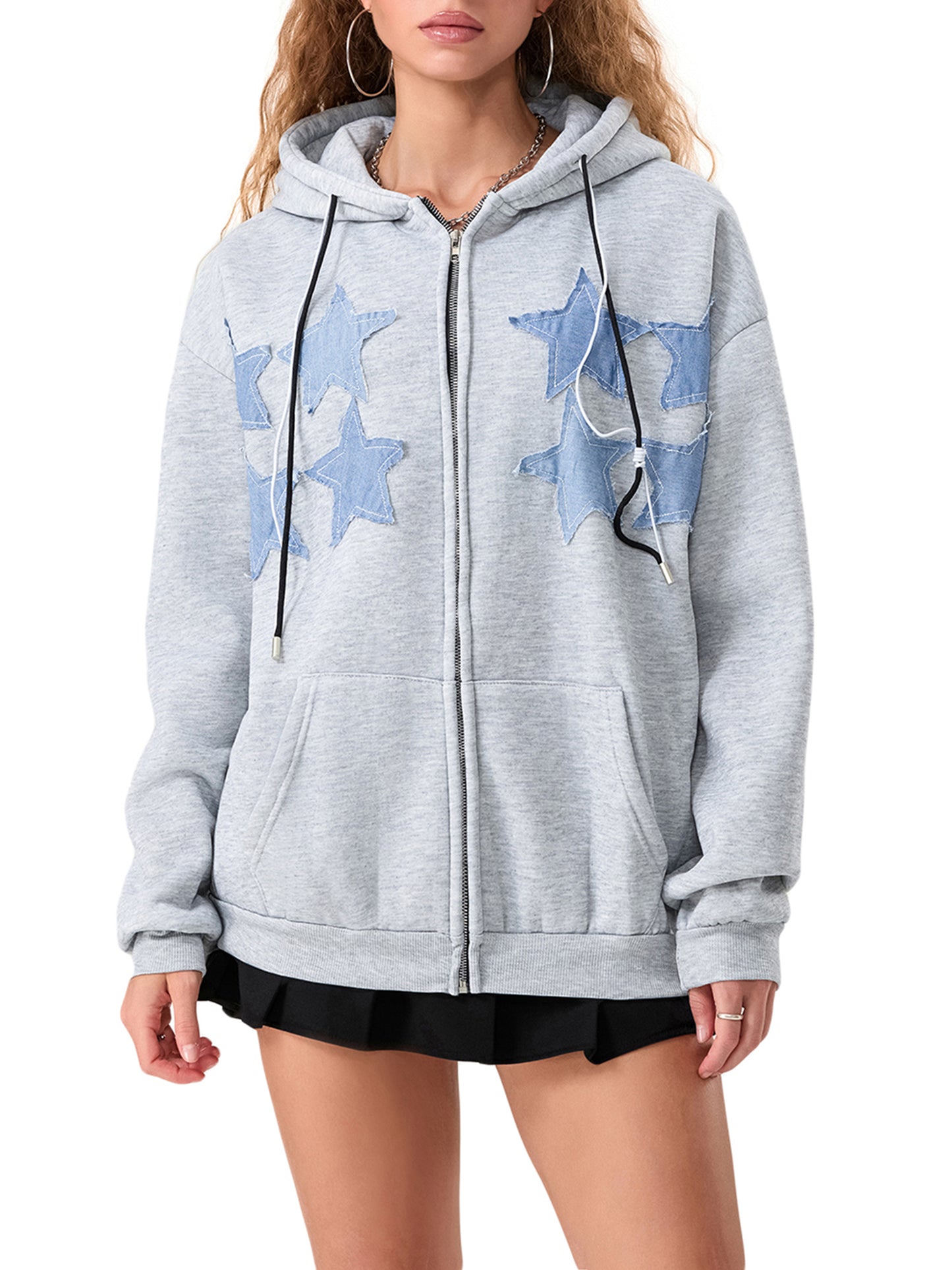 Womens Zip Up Hoodie Star Patch Long Sleeve Hooded Jacket with Pocket