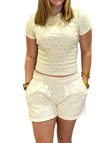 Womens Lounge Outfit, Floral Short Sleeve T-Shirt Shorts with Pockets