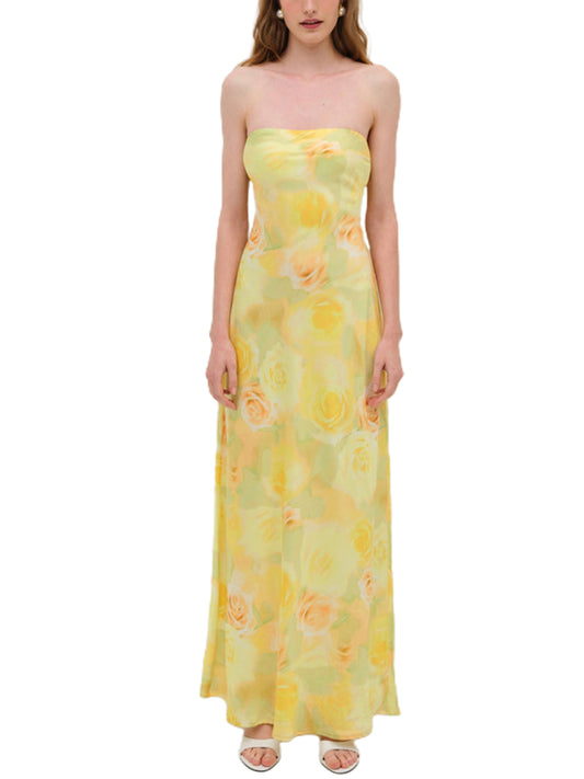 Women's Summer Long Tube Dress Floral Print Strapless Slim Dress