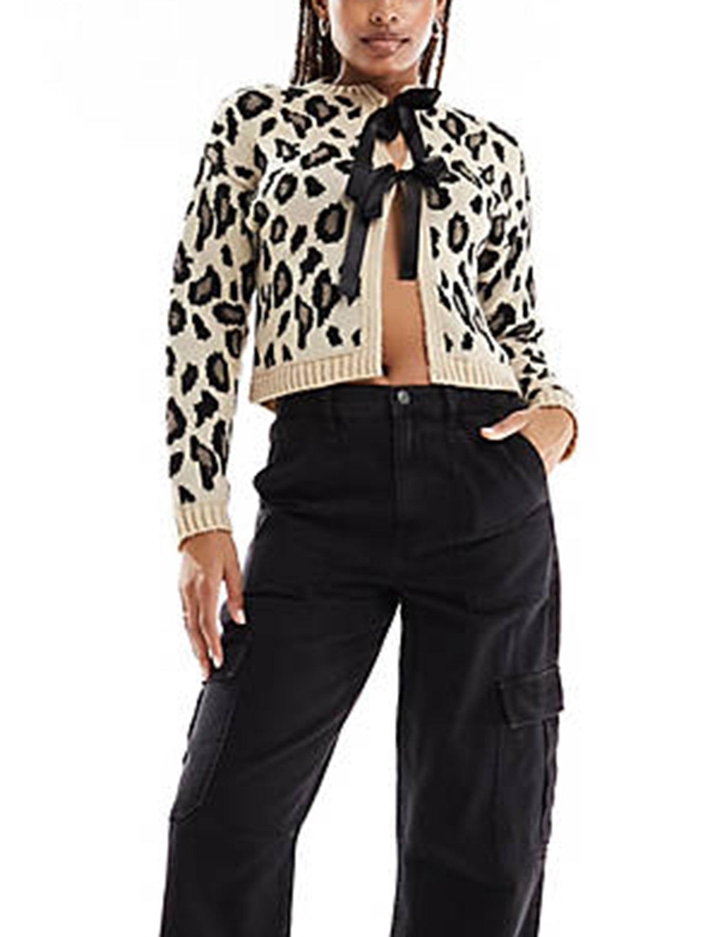 Women Leopard Print Knit Cardigan Long Sleeve Tie Front Sweater