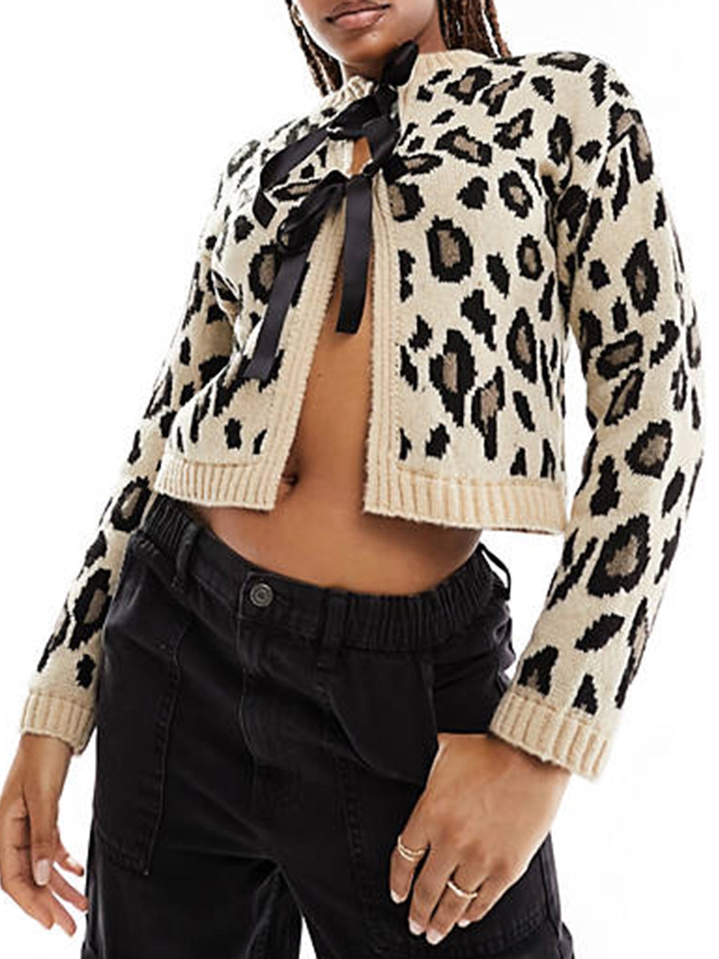 Women Leopard Print Knit Cardigan Long Sleeve Tie Front Sweater