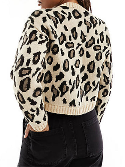 Women Leopard Print Knit Cardigan Long Sleeve Tie Front Sweater