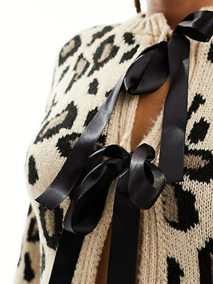 Women Leopard Print Knit Cardigan Long Sleeve Tie Front Sweater