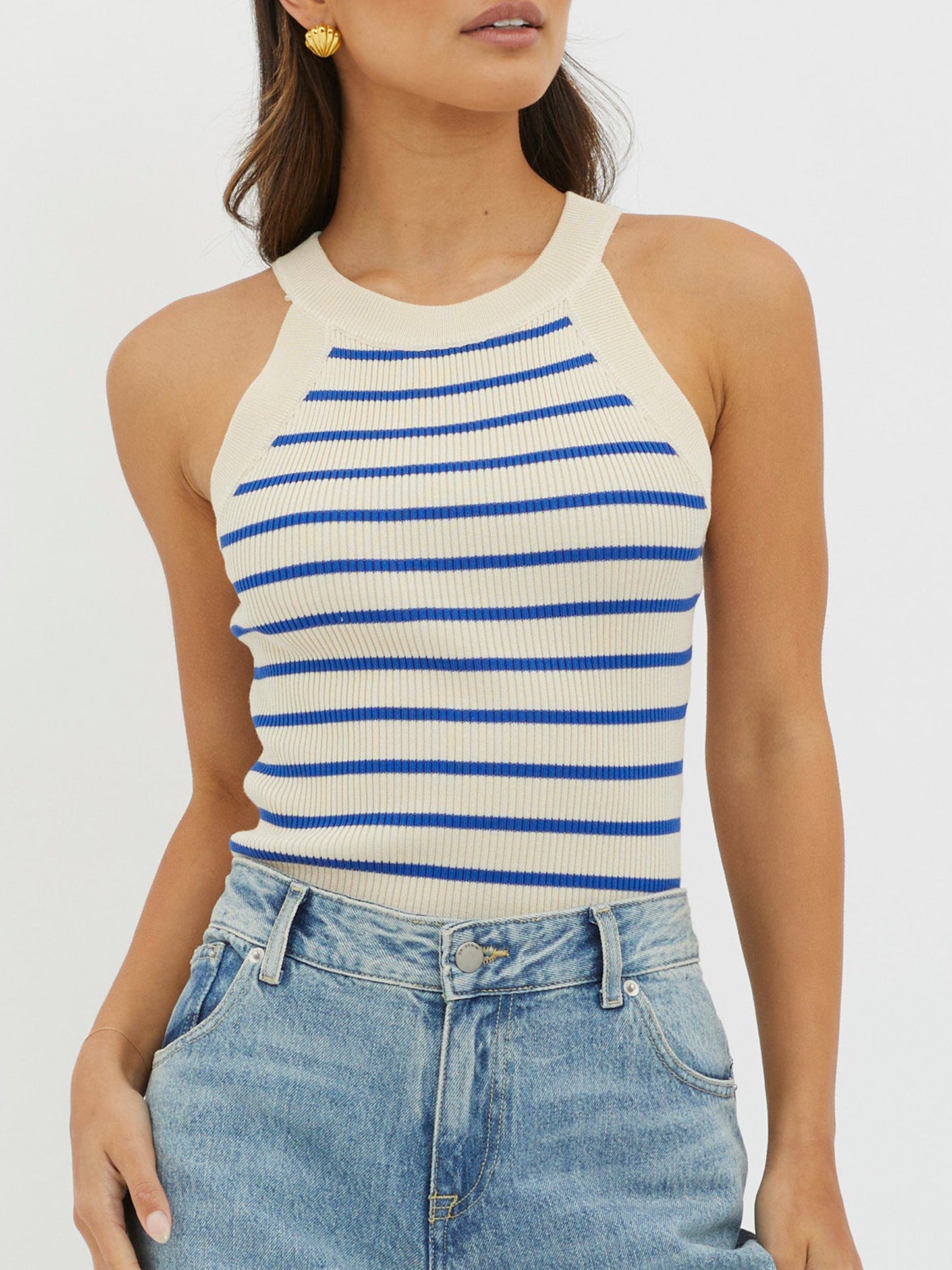 Women's Knit Tank Tops Sleeveless Round Neck Slim Fit Stripes Tops