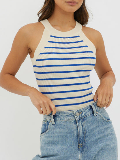 Women's Knit Tank Tops Sleeveless Round Neck Slim Fit Stripes Tops