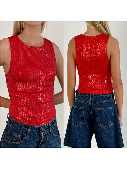 Women's Shine Sequin Tank Tops Sleeveless Crew Neck Glitter Slim Vest