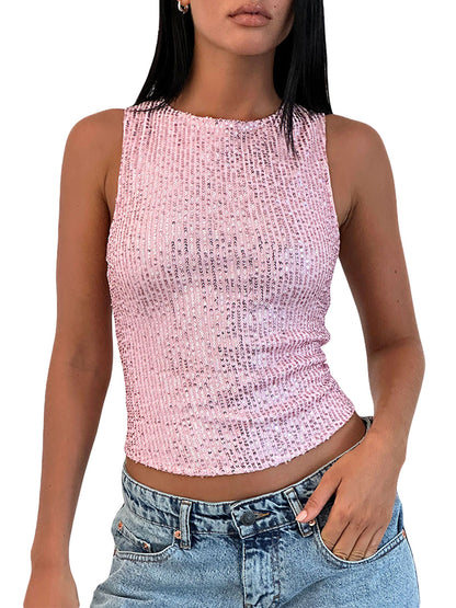 Women's Shine Sequin Tank Tops Sleeveless Crew Neck Glitter Slim Vest