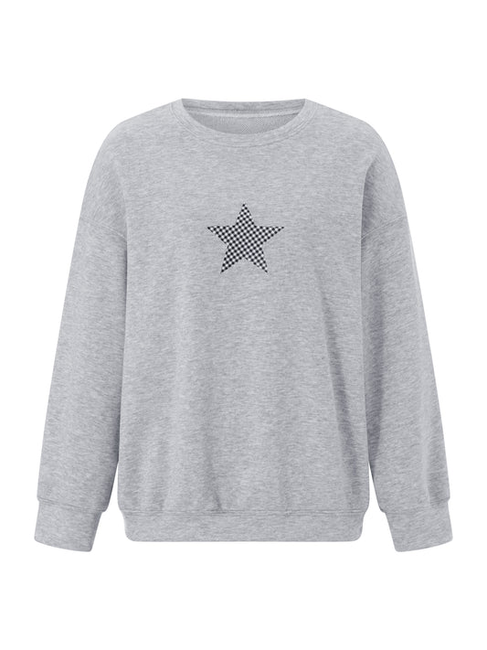 Women Crew Neck Sweatshirts Cute Plaid Star Pattern Loose Pullovers