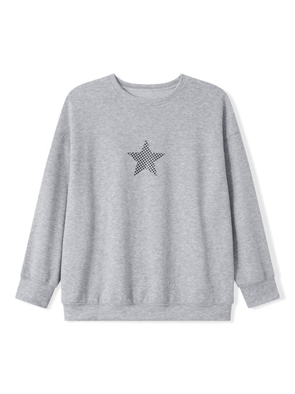 Women Crew Neck Sweatshirts Cute Plaid Star Pattern Loose Pullovers