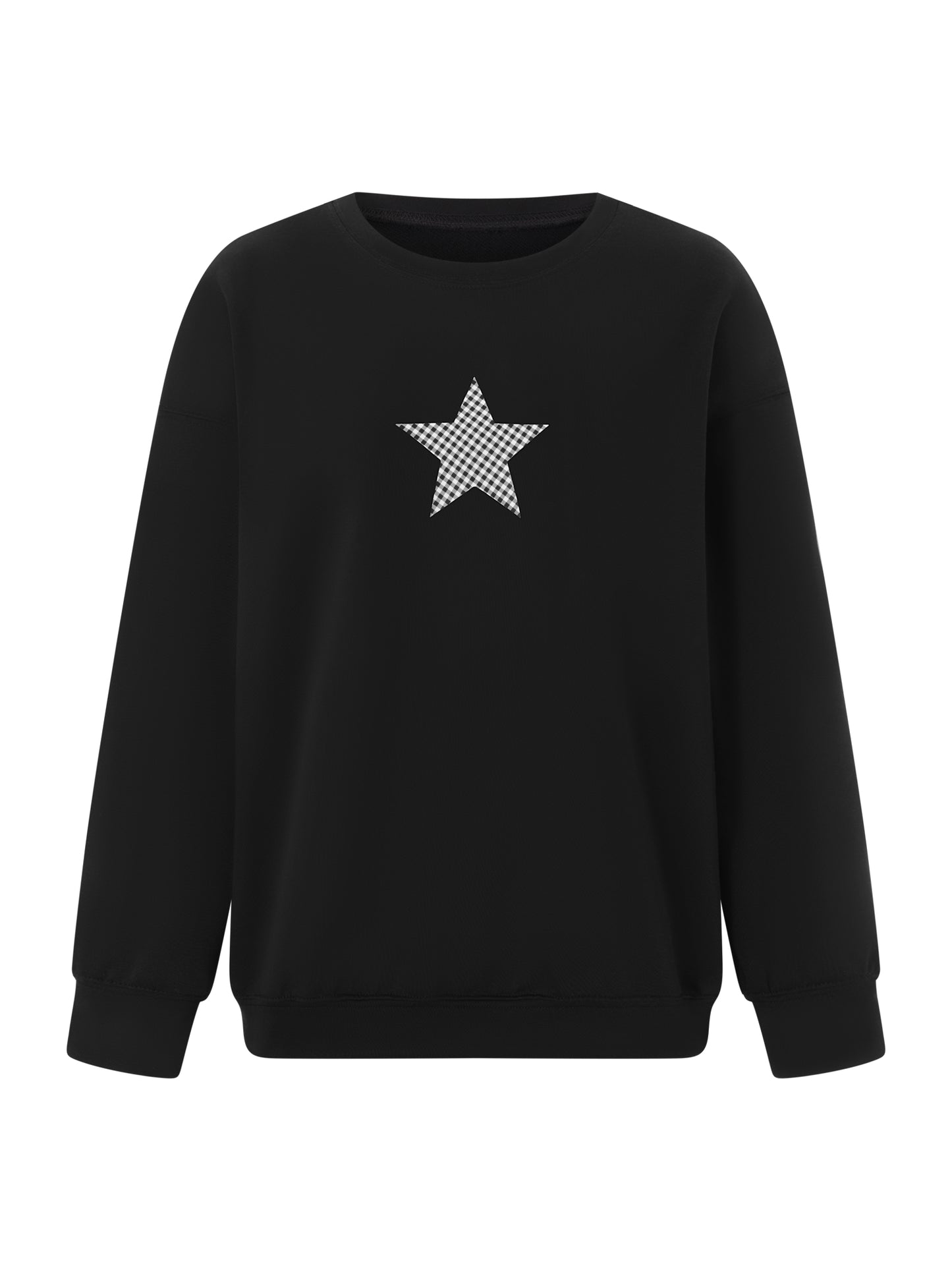 Women Crew Neck Sweatshirts Cute Plaid Star Pattern Loose Pullovers