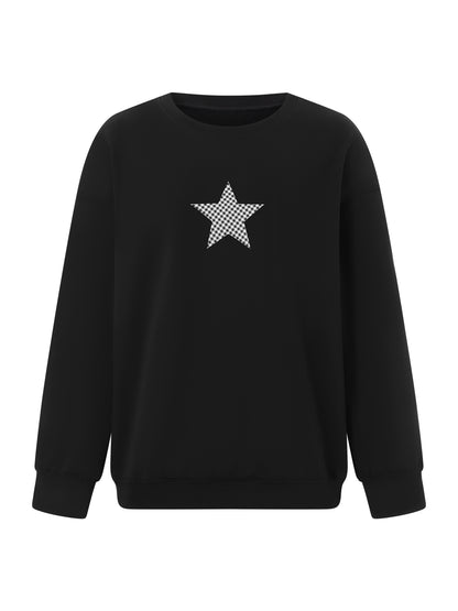 Women Crew Neck Sweatshirts Cute Plaid Star Pattern Loose Pullovers