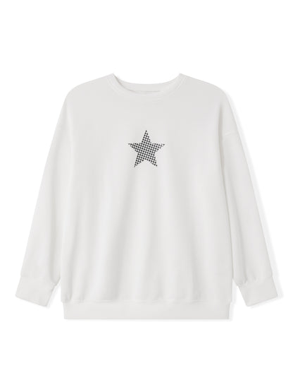 Women Crew Neck Sweatshirts Cute Plaid Star Pattern Loose Pullovers