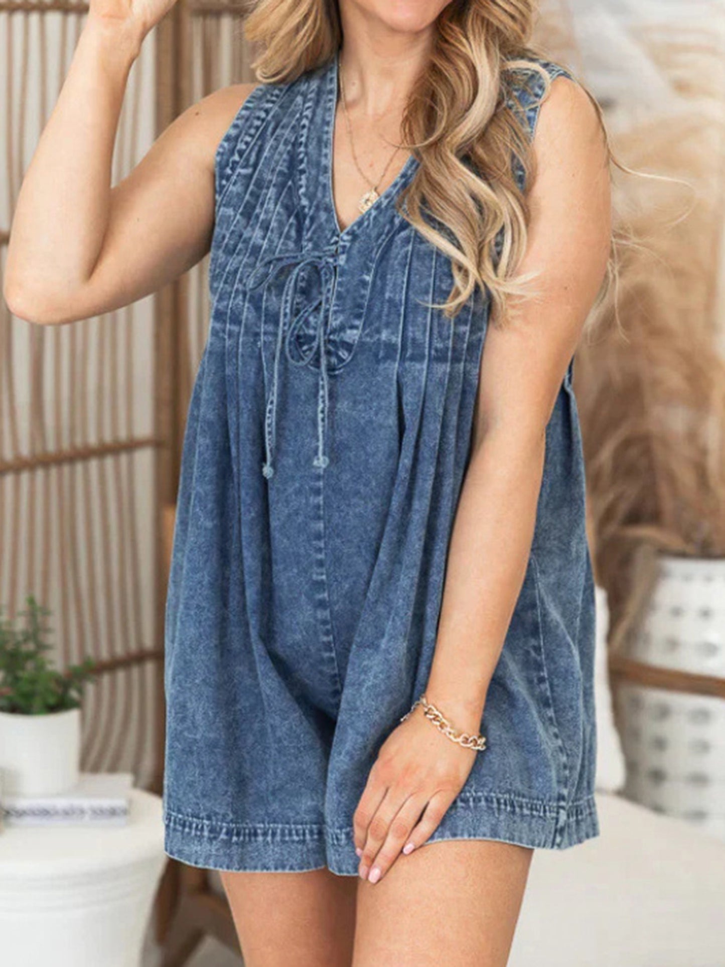 Women Demin Tank Top Jumpsuit Pleated V Neck Sleeveless Shorts Romper