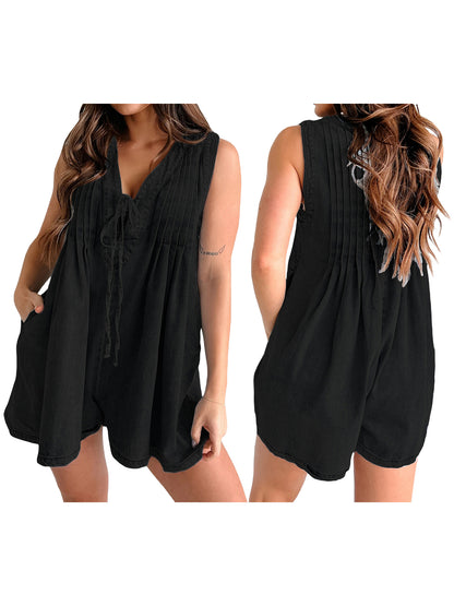 Women Demin Tank Top Jumpsuit Pleated V Neck Sleeveless Shorts Romper