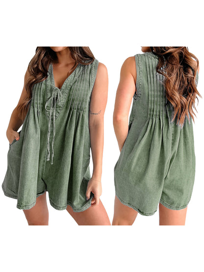 Women Demin Tank Top Jumpsuit Pleated V Neck Sleeveless Shorts Romper