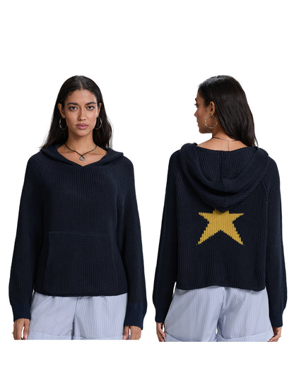 Women's Hooded Knit Sweater Long Sleeve Star Print Casual Knitwear