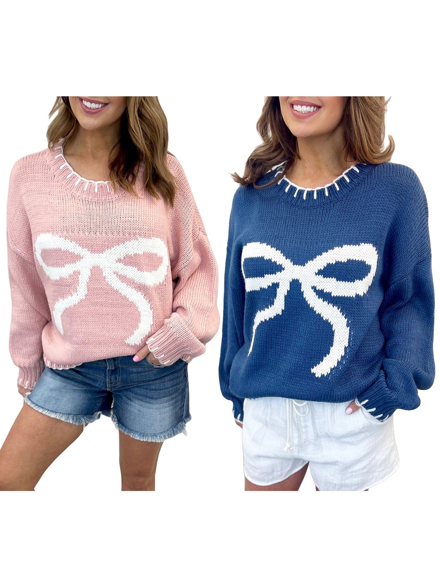 Women Comfy Sweaters Casual Warm Bow Print Long Sleeve Pullover