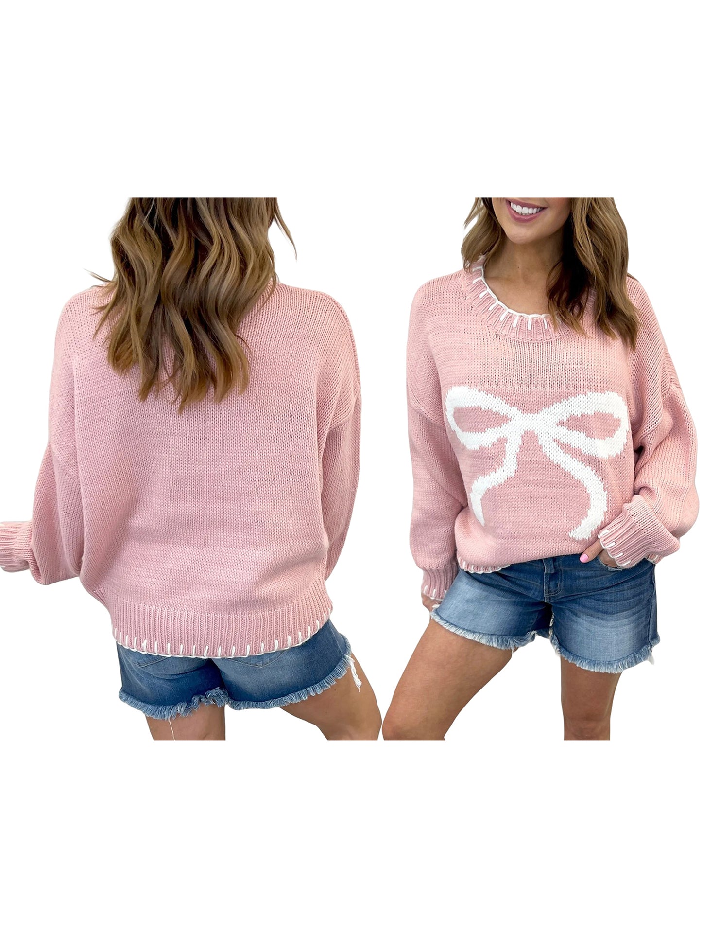 Women Comfy Sweaters Casual Warm Bow Print Long Sleeve Pullover