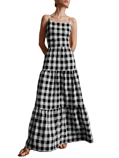 Women's Long Cami Dress Sleeveless Cross Bandage Plaid Dress