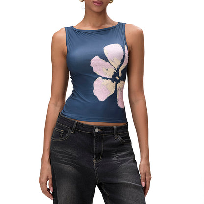 Womens Crop Tank Tops Fitted Flower Print Boat Neck Sleeveless Tops