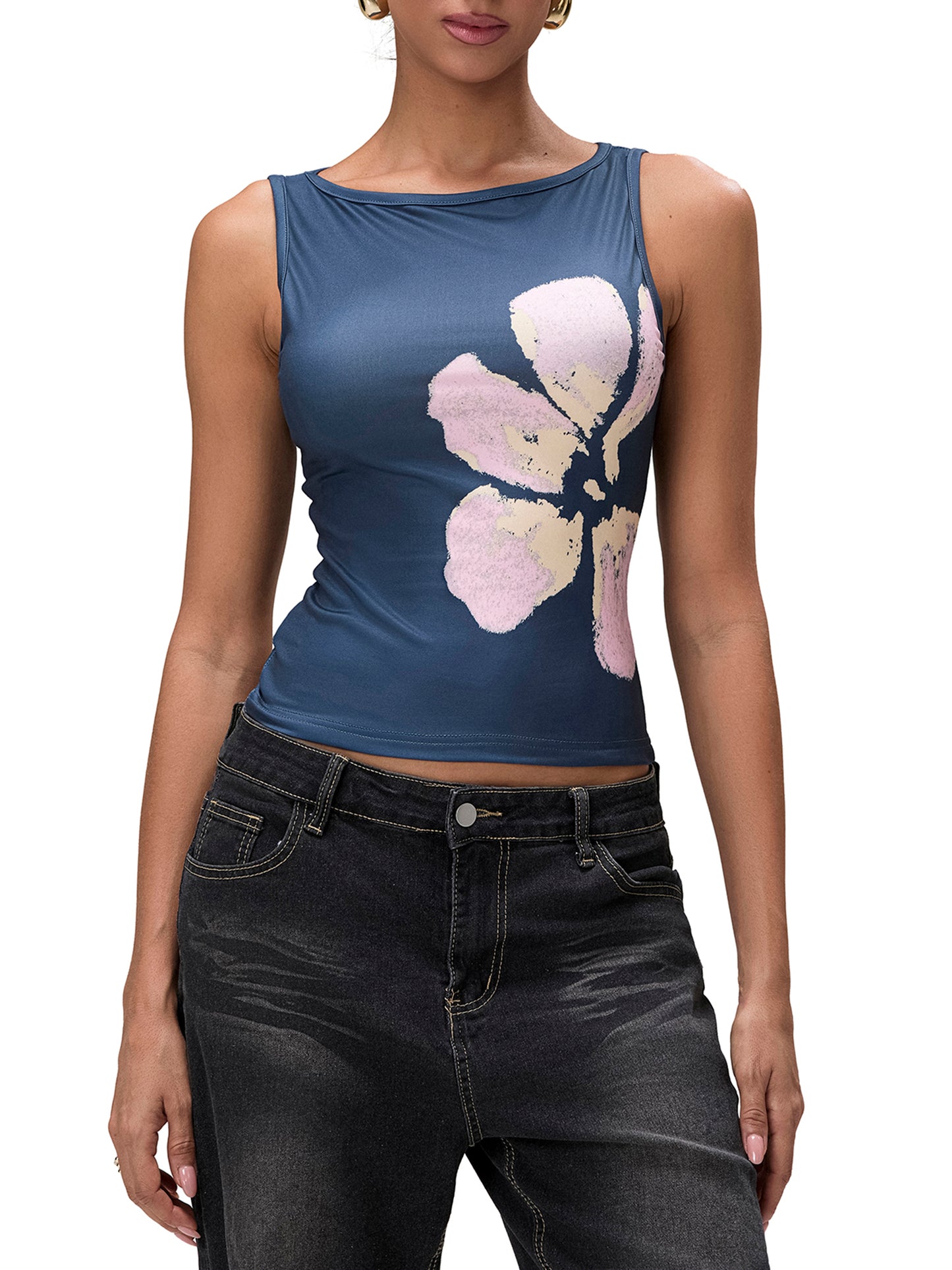 Womens Crop Tank Tops Fitted Flower Print Boat Neck Sleeveless Tops