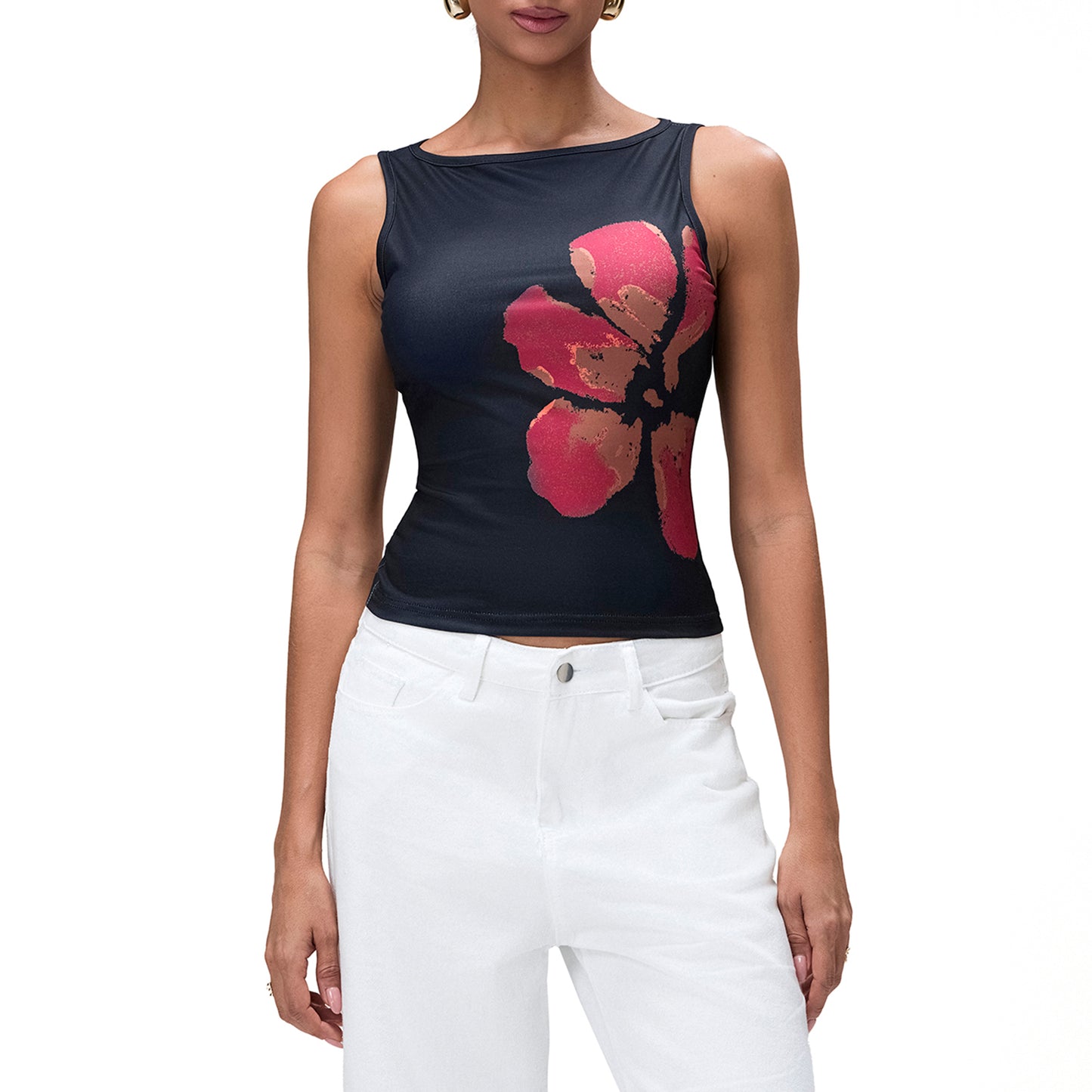 Womens Crop Tank Tops Fitted Flower Print Boat Neck Sleeveless Tops