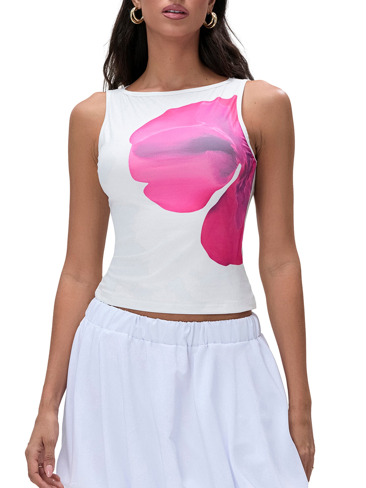 Womens Crop Tank Tops Fitted Flower Print Boat Neck Sleeveless Tops