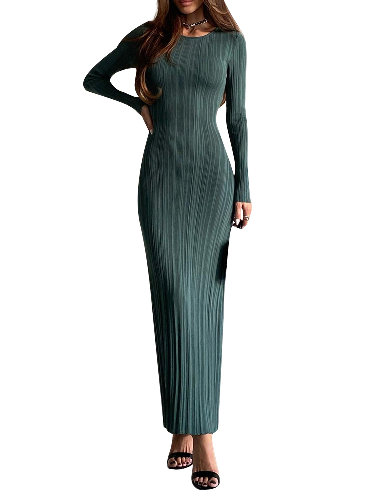 Women Knit Dress, Long Sleeve Crew Neck Ribbed Fall Long Dress