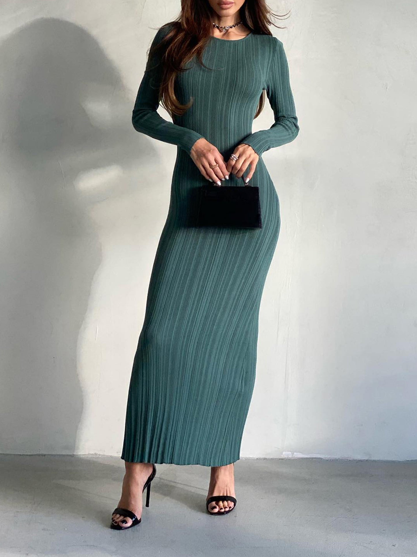 Women Knit Dress, Long Sleeve Crew Neck Ribbed Fall Long Dress