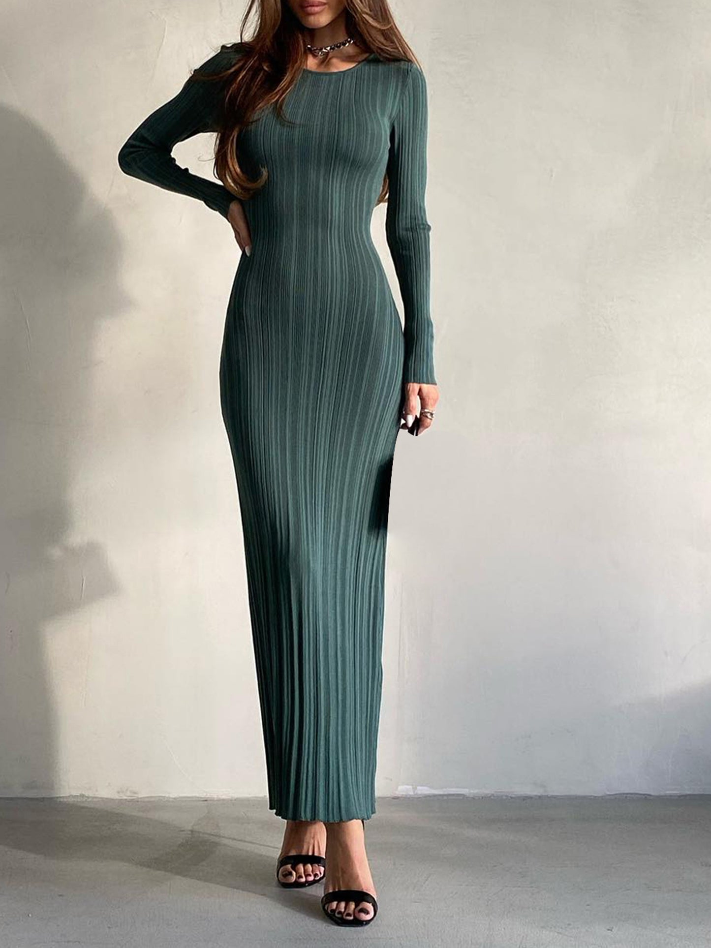 Women Knit Dress, Long Sleeve Crew Neck Ribbed Fall Long Dress