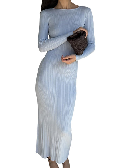 Women Knit Dress, Long Sleeve Crew Neck Ribbed Fall Long Dress