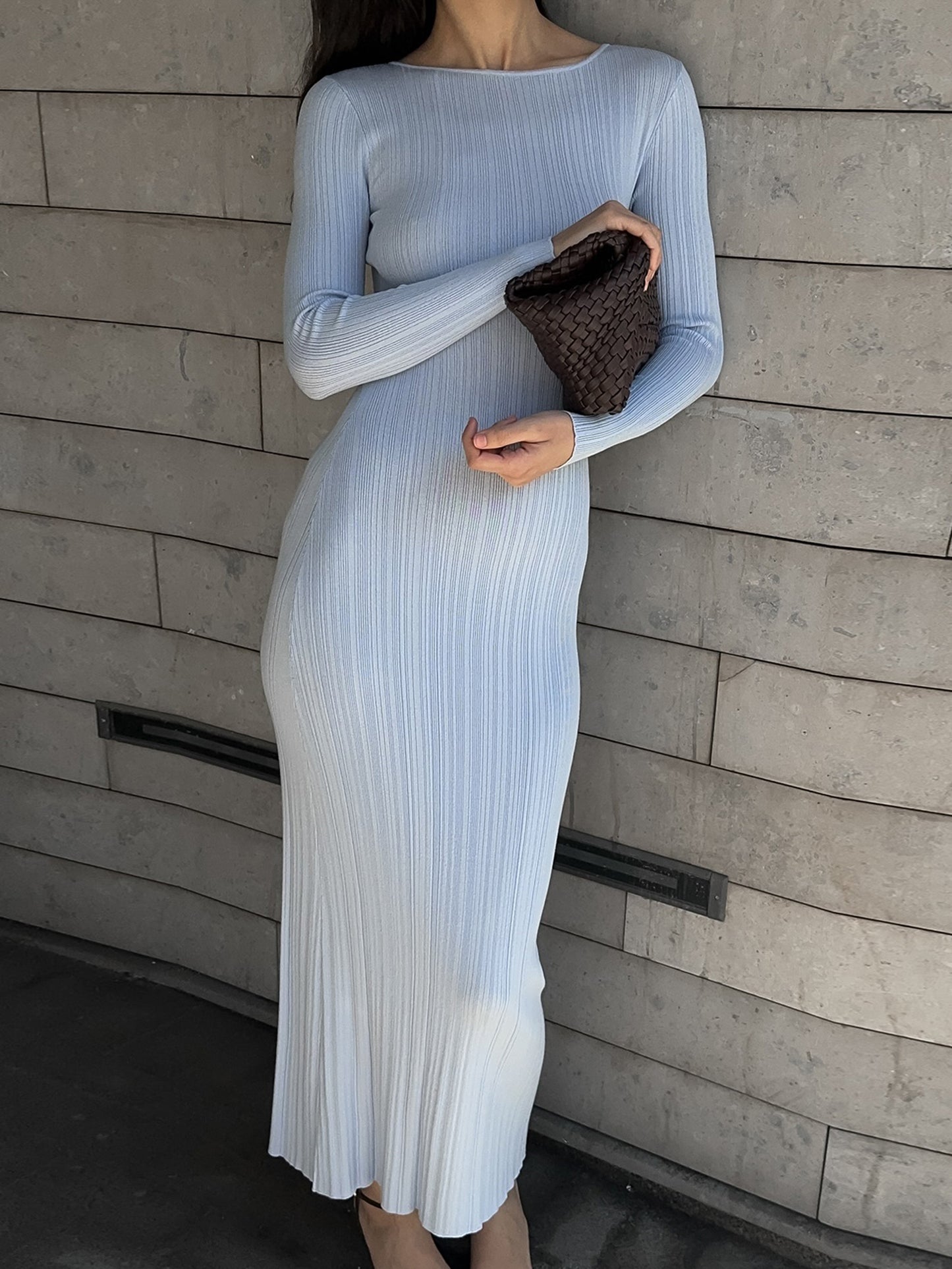 Women Knit Dress, Long Sleeve Crew Neck Ribbed Fall Long Dress