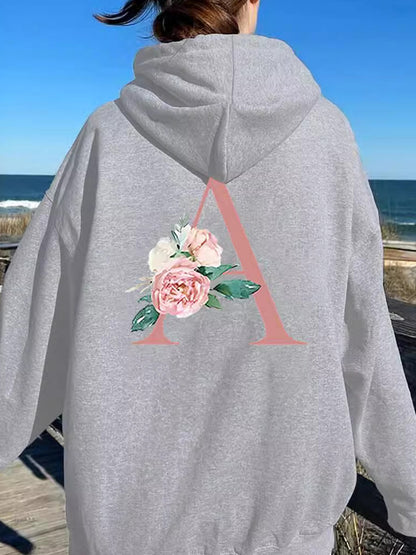 Womens Hoodie Back Flower Long Sleeve Hooded Sweatshirt with Pocket