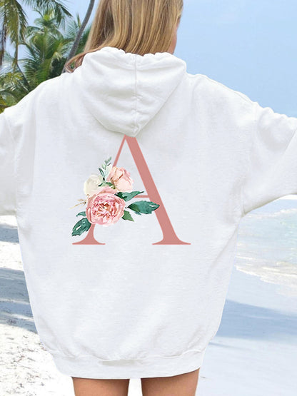 Womens Hoodie Back Flower Long Sleeve Hooded Sweatshirt with Pocket