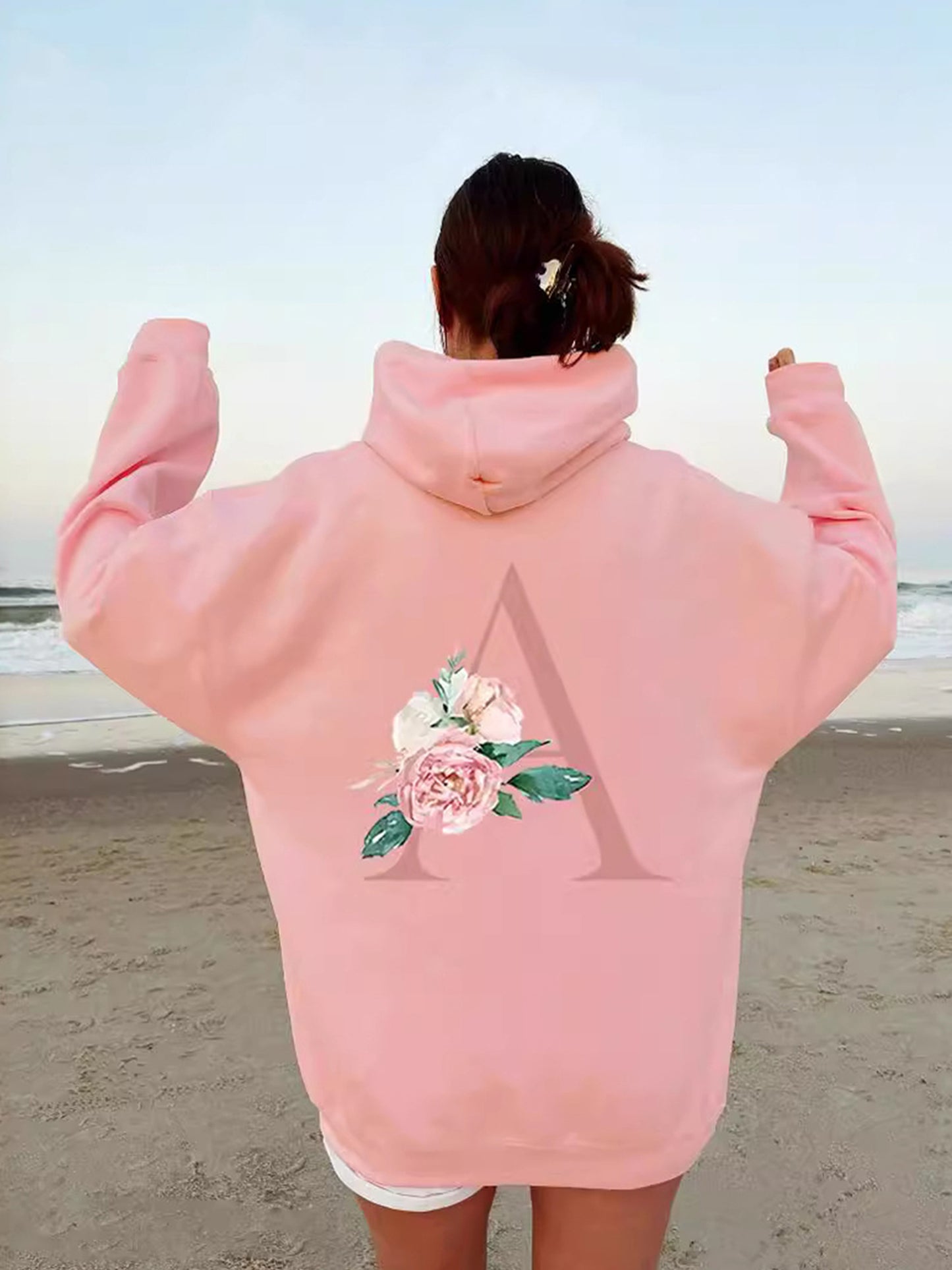 Womens Hoodie Back Flower Long Sleeve Hooded Sweatshirt with Pocket