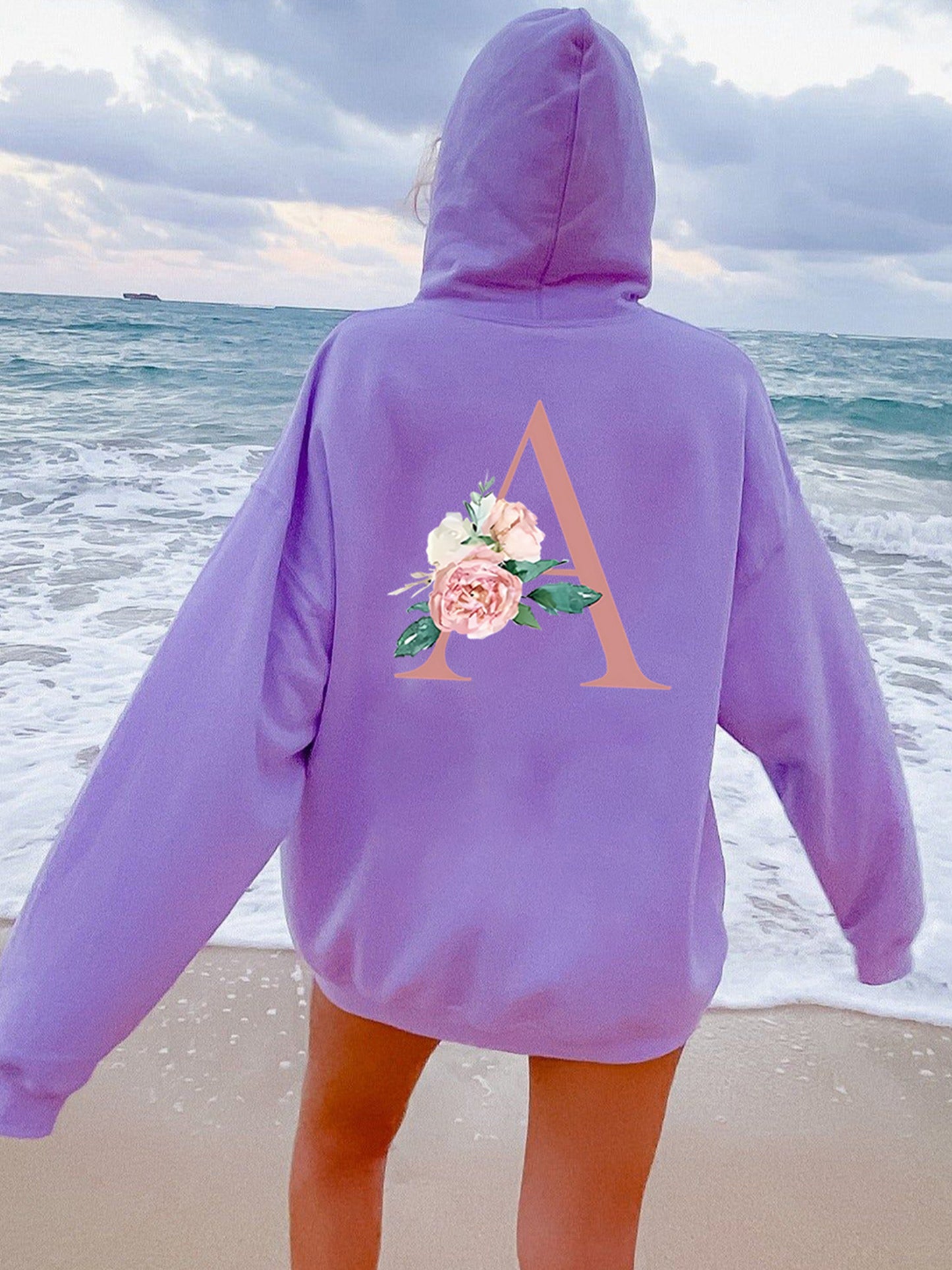 Womens Hoodie Back Flower Long Sleeve Hooded Sweatshirt with Pocket