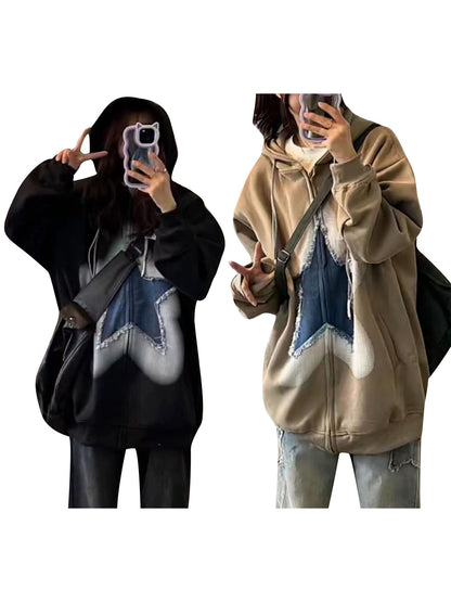 Women Hoodie Raw Edge Star Patchwork Drop Shoulder Zip Up Sweatshirt