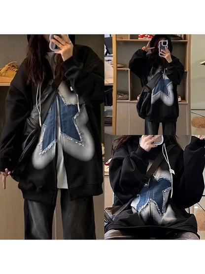 Women Hoodie Raw Edge Star Patchwork Drop Shoulder Zip Up Sweatshirt