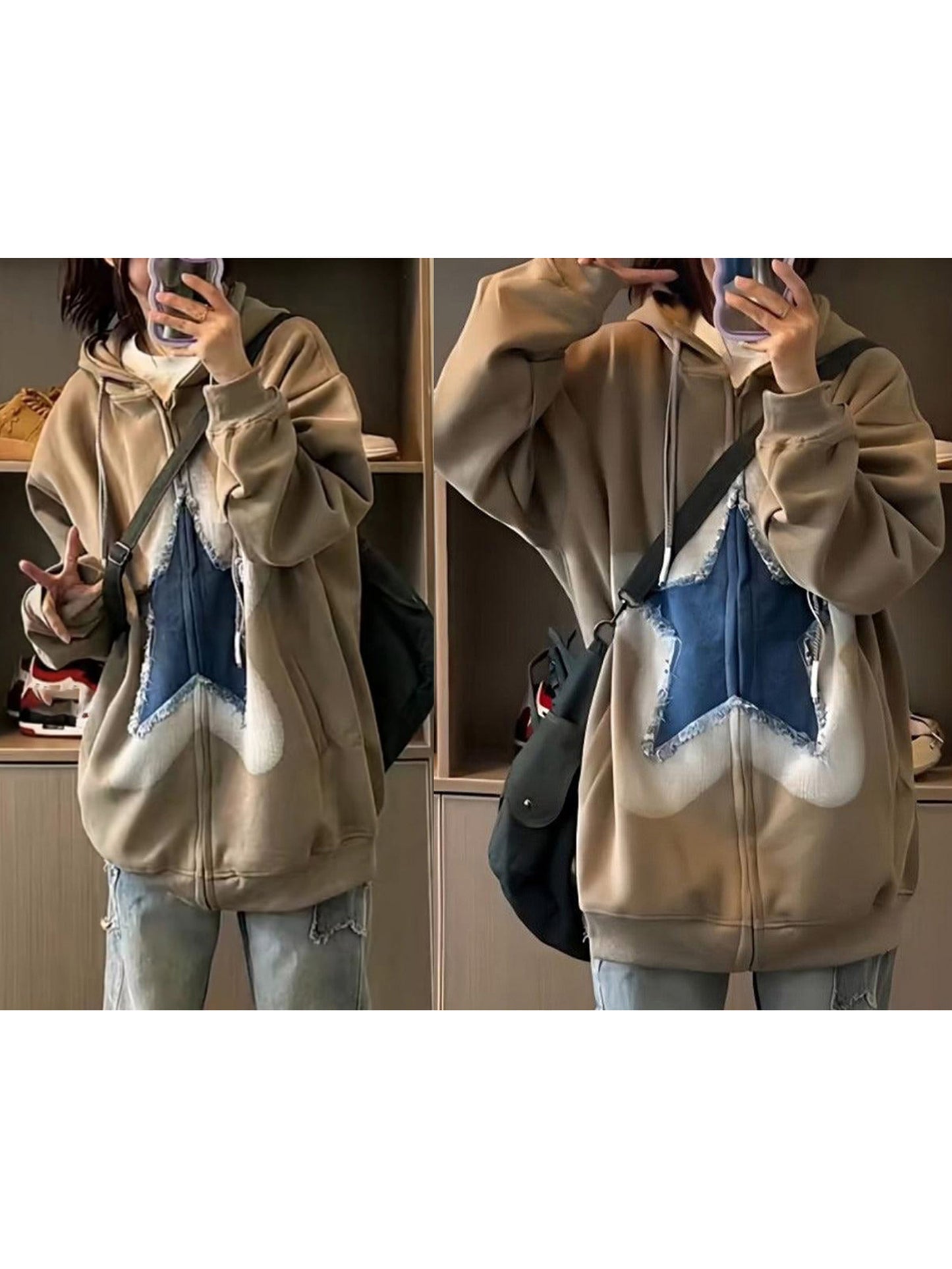 Women Hoodie Raw Edge Star Patchwork Drop Shoulder Zip Up Sweatshirt