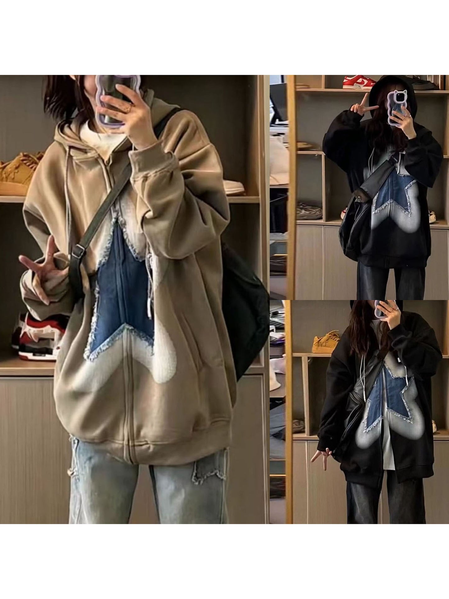 Women Hoodie Raw Edge Star Patchwork Drop Shoulder Zip Up Sweatshirt