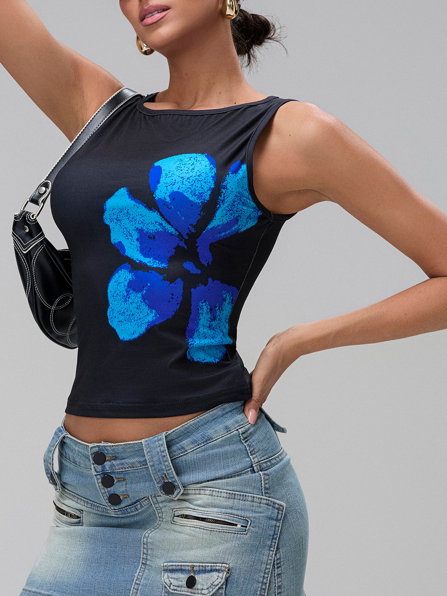 Womens Crop Tank Tops Fitted Flower Print Boat Neck Sleeveless Tops