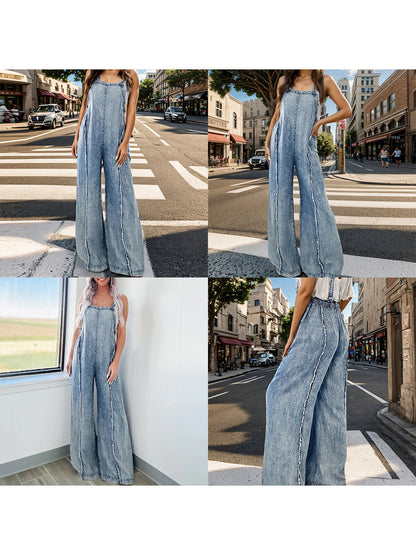 Women Denim Overalls Loose Vintage Washed Raw Trim Wide Leg Jumpsuit