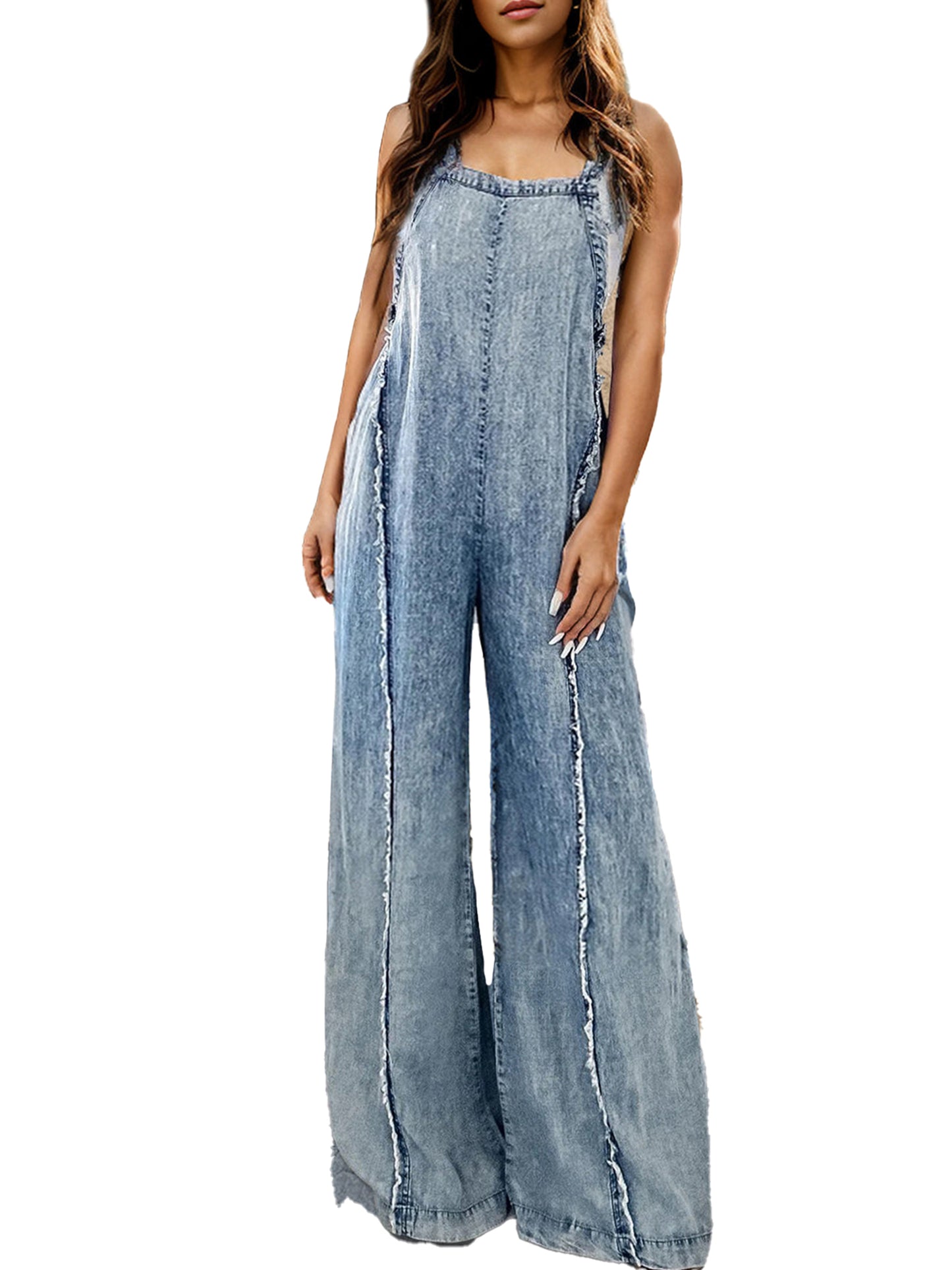 Women Denim Overalls Loose Vintage Washed Raw Trim Wide Leg Jumpsuit