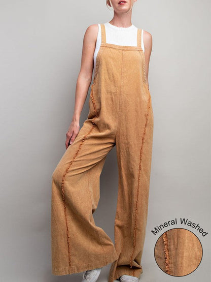 Women Denim Overalls Loose Vintage Washed Raw Trim Wide Leg Jumpsuit